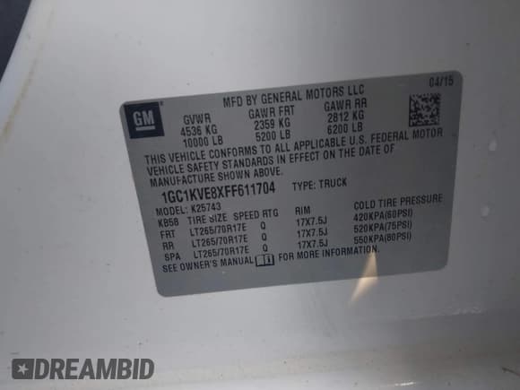 ✅ 2015 Chevrolet Silverado 2500HD LT • VIN: 1GC1KVE8XFF611704 • Lot: 42974763. Listed on IAAI with 177,000 mi. Free auction sales archive from the USA and detailed vehicle history report at DreamBid. Image 9.