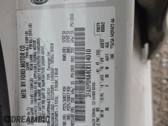 ✅ 2012 Ford Fusion SE • VIN: 3FAHP0HA4CR114010 • Лот: 89546455. Опубликован ранее на Copart с пробегом 177 264 миль. Бесплатный доступ к архиву аукционных продаж из США и подробный отчёт об истории автомобиля на DreamBid. Изображение 12.