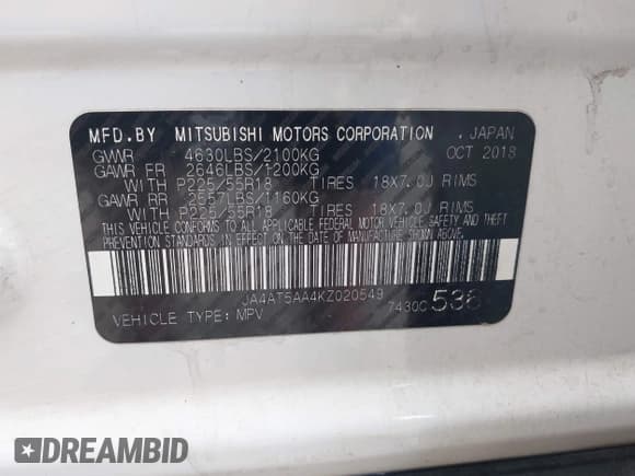 ✅ 2019 Mitsubishi Eclipse Cross SE • VIN: JA4AT5AA4KZ020549 • Lot: 42674825. Listed on IAAI with 133,269 mi. Free auction sales archive from the USA and detailed vehicle history report at DreamBid. Image 9.