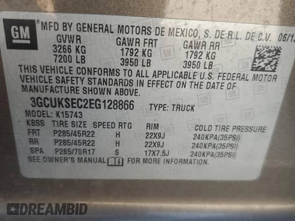 2014 Chevrolet Silverado 1500 LTZ with VIN 3GCUKSEC2EG128866, listed as a Copart auction lot 67001695 with 186,402 mi miles and Salvage title. Bid and sale history available at DreamBid. Image 12.