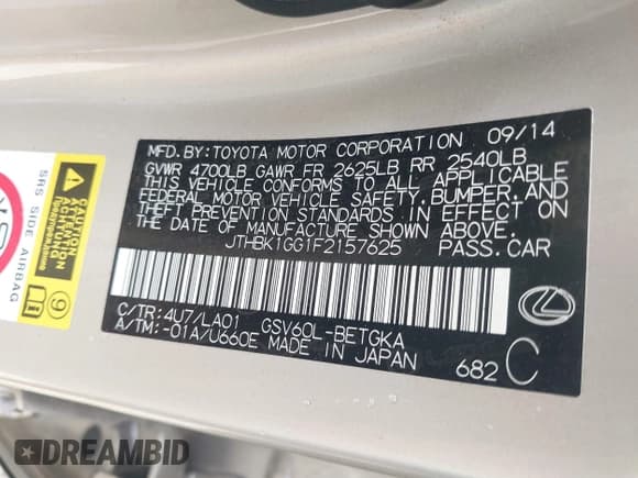 ✅ 2015 Lexus ES 330 • VIN: JTHBK1GG1F2157625 • Lot: 42102389. Listed on IAAI with 126,582 mi. Free auction sales archive from the USA and detailed vehicle history report at DreamBid. Image 9.