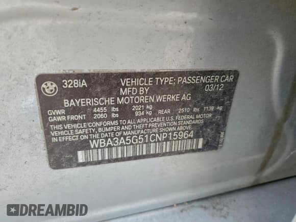 ✅ 2012 BMW 3 Series 328i • VIN: WBA3A5G51CNP15964 • Lot: 95764305. Wystawiony na Copart z przebiegiem 140 592 mil. Bezpłatny archiwum sprzedaży aukcyjnych z USA i szczegółowy raport historii pojazdu na DreamBid. Zdjęcie 12.