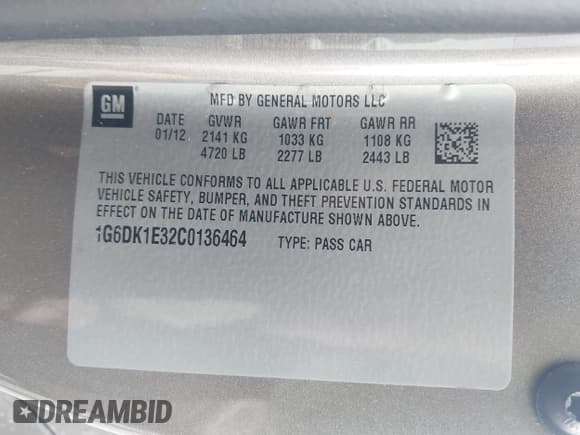 ✅ 2012 Cadillac CTS Performance • VIN: 1G6DK1E32C0136464 • Lot: 43516770. Listed on IAAI with 44,970 mi. Free auction sales archive from the USA and detailed vehicle history report at DreamBid. Image 9.