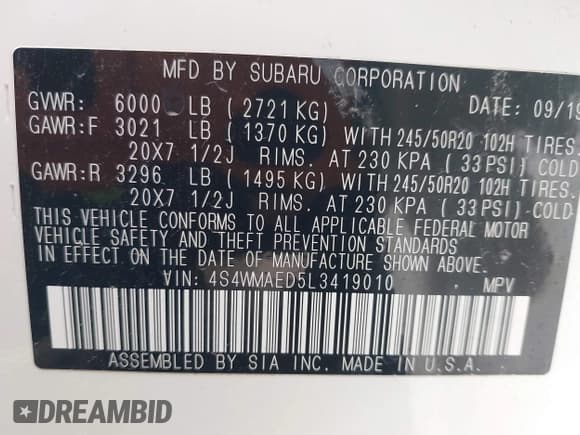 ✅ 2020 Subaru Ascent Premium • VIN: 4S4WMAED5L3419010 • Lot: 41868955. Listed on IAAI with 121,668 mi. Free auction sales archive from the USA and detailed vehicle history report at DreamBid. Image 9.