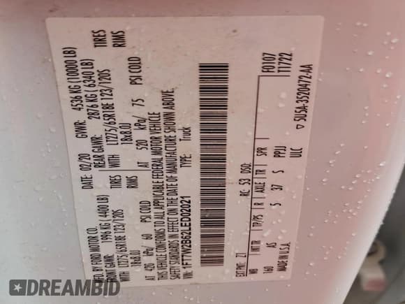 ✅ 2020 Ford F-250 XL • VIN: 1FT7W2B62LED02021 • Lot: 93352665. Listed on Copart with 120,782 mi. Free auction sales archive from the USA and detailed vehicle history report at DreamBid. Image 12.