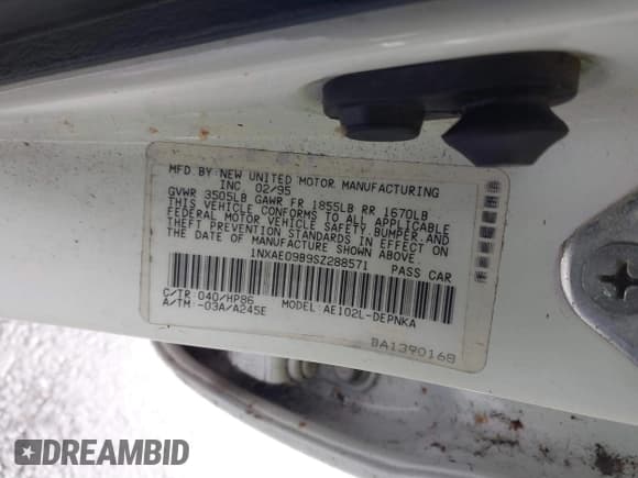 ✅ 1995 Toyota Corolla DX • VIN: 1NXAE09B9SZ288571 • Lot: 41789288. Wystawiony na IAAI z przebiegiem 181 236 mil. Bezpłatny archiwum sprzedaży aukcyjnych z USA i szczegółowy raport historii pojazdu na DreamBid. Zdjęcie 9.