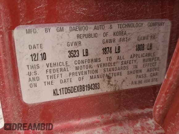 ✅ 2011 Chevrolet Aveo 1LT • VIN: KL1TD5DEXBB194393 • Lot: 44790055. Listed on Copart with 122,515 mi. Free auction sales archive from the USA and detailed vehicle history report at DreamBid. Image 14.