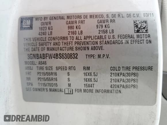 ✅ 2011 Chevrolet HHR 1LT • VIN: 3GNBABFW4BS630832 • Lot: 51265245. Listed on Copart with 101,596 mi. Free auction sales archive from the USA and detailed vehicle history report at DreamBid. Image 12.