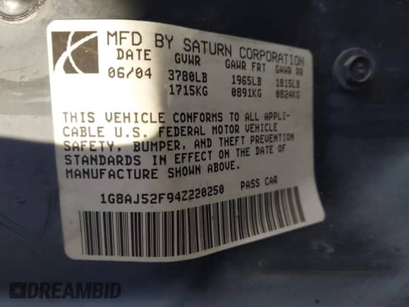 2004 Saturn ION ION 2 с VIN 1G8AJ52F94Z220250, выставлен на аукционе IAAI как лот 43164789 с пробегом 162 091 миль миль и . История ставок и продаж доступна на DreamBid. Изображение 9.