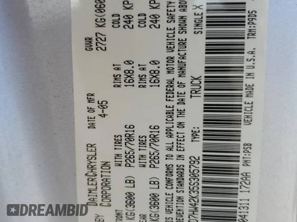 2005 Dodge Dakota SLT с VIN 1D7HW42K35S305792, выставлен на аукционе Copart как лот 63287344 с пробегом 97 440 миль миль и Списание • Salvage title. История ставок и продаж доступна на DreamBid. Изображение 14.