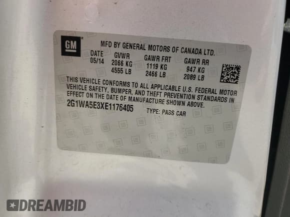 ✅ 2014 Chevrolet Impala LS • VIN: 2G1WA5E3XE1176405 • Lot: 54516115. Listed on Copart with 156,271 mi. Free auction sales archive from the USA and detailed vehicle history report at DreamBid. Image 12.