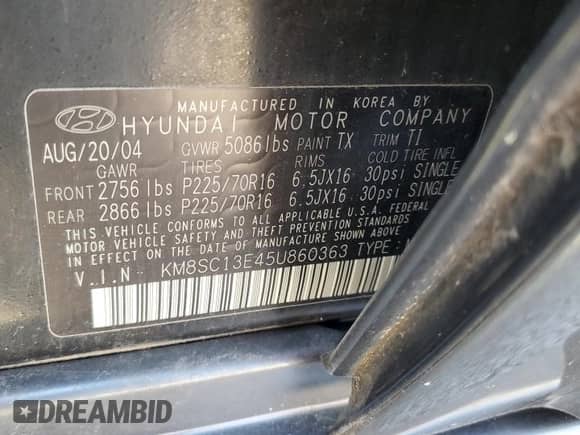 2005 Hyundai Santa Fe GLS с VIN KM8SC13E45U860363, выставлен на аукционе Copart как лот 80013495 с пробегом 150 110 миль миль и Чистый • Clean title. История ставок и продаж доступна на DreamBid. Изображение 13.