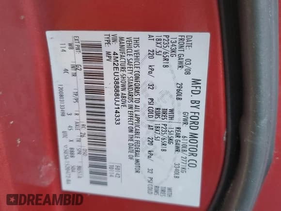 ✅ 2008 Mercury Mountaineer Premier • VIN: 4M2EU38888UJ14333 • Lot: 48708815. Wystawiony na Copart z przebiegiem 124 162 mil. Bezpłatny archiwum sprzedaży aukcyjnych z USA i szczegółowy raport historii pojazdu na DreamBid. Zdjęcie 16.