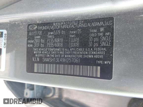 ✅ 2009 Hyundai Santa Fe Limited • VIN: 5NMSH13E49H257061 • Lot: 43183218. Listed on IAAI with 240,399 mi. Free auction sales archive from the USA and detailed vehicle history report at DreamBid. Image 9.