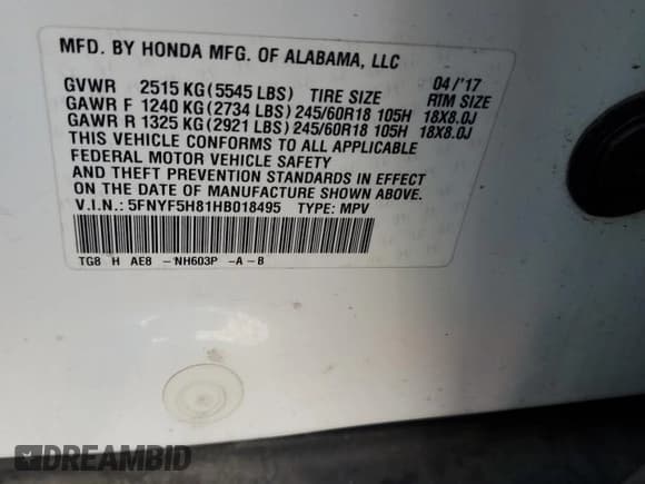 ✅ 2017 Honda Pilot EX-L • VIN: 5FNYF5H81HB018495 • Lot: 91027095. Listed on Copart with 111,888 mi. Free auction sales archive from the USA and detailed vehicle history report at DreamBid. Image 13.