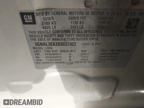 ✅ 2013 Chevrolet Captiva Sport LT • VIN: 3GNAL3EK2DS637422 • Lot: 42491071. Wystawiony na IAAI z przebiegiem 117 458 mil. Bezpłatny archiwum sprzedaży aukcyjnych z USA i szczegółowy raport historii pojazdu na DreamBid. Zdjęcie 9.