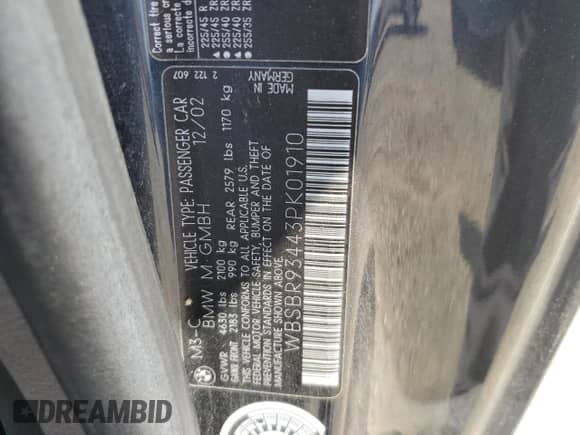 2003 BMW 3 Series M3 с VIN WBSBR93443PK01910, выставлен на аукционе Copart как лот 59987085 с пробегом Не указан миль и Списание • Salvage title. История ставок и продаж доступна на DreamBid. Изображение 12.