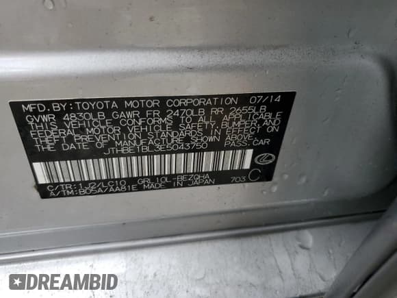 ✅ 2014 Lexus GS 350 • VIN: JTHBE1BL3E5043750 • Lot: 51166705. Listed on Copart with 144,517 mi. Free auction sales archive from the USA and detailed vehicle history report at DreamBid. Image 12.