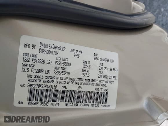 ✅ 2007 Chrysler Pacifica Limited • VIN: 2A8GM78X67R163158 • Lot: 42890251. Listed on IAAI with 96,933 mi. Free auction sales archive from the USA and detailed vehicle history report at DreamBid. Image 9.