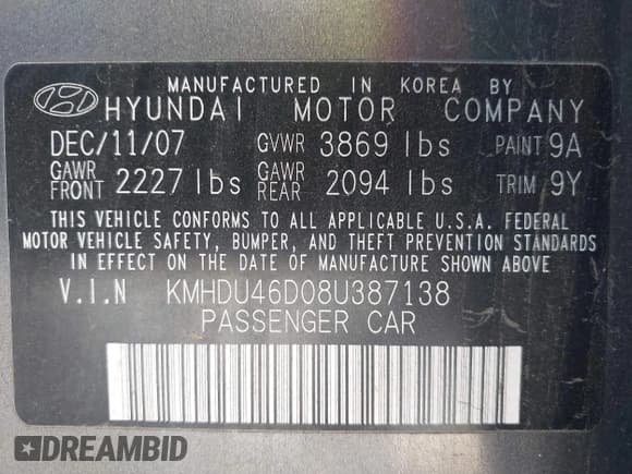 ✅ 2008 Hyundai Elantra GLS • VIN: KMHDU46D08U387138 • Lot: 43390216. Listed on IAAI with Not provided. Free auction sales archive from the USA and detailed vehicle history report at DreamBid. Image 9.