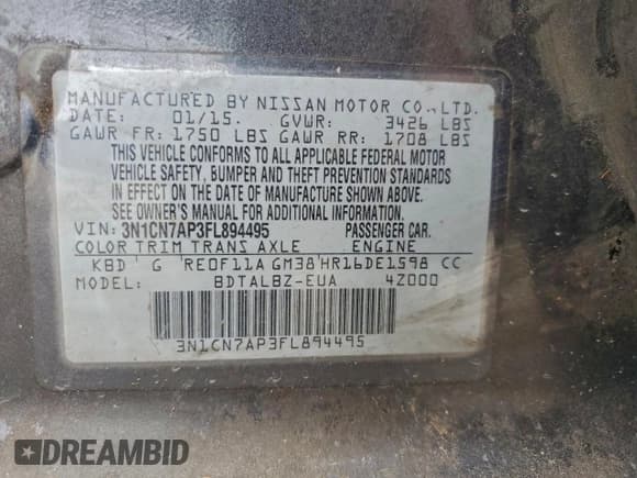 ✅ 2015 Nissan Versa S Plus • VIN: 3N1CN7AP3FL894495 • Лот: 94573195. Опубликован ранее на Copart с пробегом 139 245 миль. Бесплатный доступ к архиву аукционных продаж из США и подробный отчёт об истории автомобиля на DreamBid. Изображение 12.