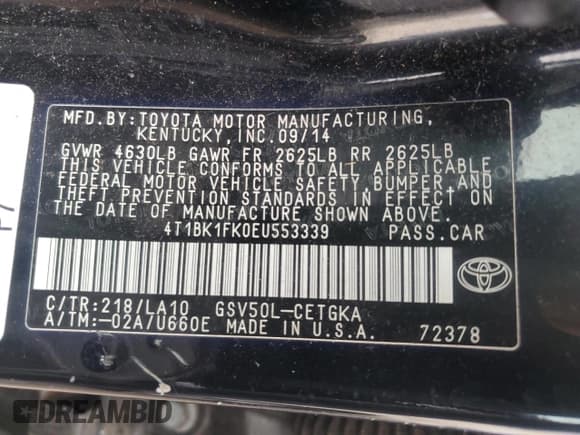 ✅ 2014 Toyota Camry SE • VIN: 4T1BK1FK0EU553339 • Lot: 92837175. Wystawiony na Copart z przebiegiem 272 162 mil. Bezpłatny archiwum sprzedaży aukcyjnych z USA i szczegółowy raport historii pojazdu na DreamBid. Zdjęcie 12.