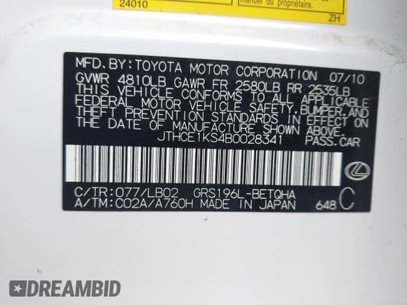 ✅ 2011 Lexus GS 350 • VIN: JTHCE1KS4B0028341 • Lot: 42989103. Listed on IAAI with 232,866 mi. Free auction sales archive from the USA and detailed vehicle history report at DreamBid. Image 9.