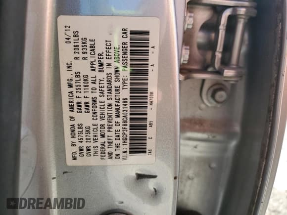 ✅ 2012 Honda Accord EX-L • VIN: 1HGCP3F88CA031486 • Lot: 93183555. Listed on Copart with 267,930 mi. Free auction sales archive from the USA and detailed vehicle history report at DreamBid. Image 12.