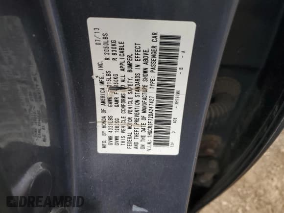 ✅ 2013 Honda Accord EX • VIN: 1HGCR2F72DA247427 • Lot: 92593085. Listed on Copart with Not provided. Free auction sales archive from the USA and detailed vehicle history report at DreamBid. Image 12.