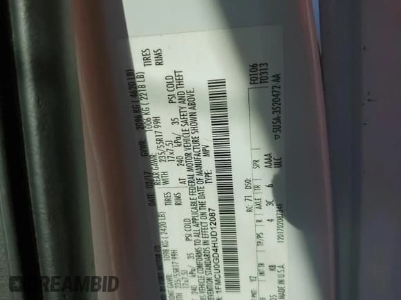 ✅ 2017 Ford Escape SE • VIN: 1FMCU0GD4HUD12087 • Lot: 90300135. Listed on Copart with 105,998 mi. Free auction sales archive from the USA and detailed vehicle history report at DreamBid. Image 13.