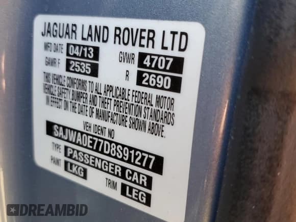 ✅ 2013 Jaguar XF RWD • VIN: SAJWA0E77D8S91277 • Lot: 63109595. Listed on Copart with 81,735 mi. Free auction sales archive from the USA and detailed vehicle history report at DreamBid. Image 13.