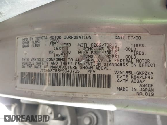 ✅ 2000 Toyota 4Runner Limited • VIN: JT3HN87R5Y9043705 • Lot: 41814717. Listed on IAAI with 266,623 mi. Free auction sales archive from the USA and detailed vehicle history report at DreamBid. Image 9.