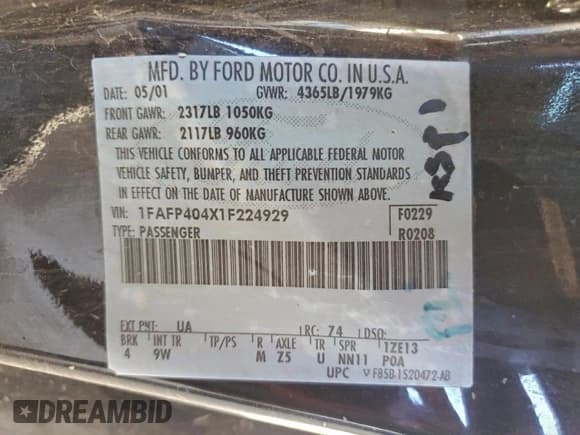 ✅ 2001 Ford Mustang Standard • VIN: 1FAFP404X1F224929 • Lot: 95775435. Listed on Copart with 185,820 mi. Free auction sales archive from the USA and detailed vehicle history report at DreamBid. Image 12.