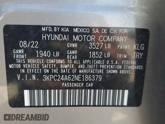 ✅ 2022 Hyundai Accent SEL • VIN: 3KPC24A62NE186379 • Lot: 85087625. Wystawiony na Copart z przebiegiem 47 525 mil. Bezpłatny archiwum sprzedaży aukcyjnych z USA i szczegółowy raport historii pojazdu na DreamBid. Zdjęcie 12.