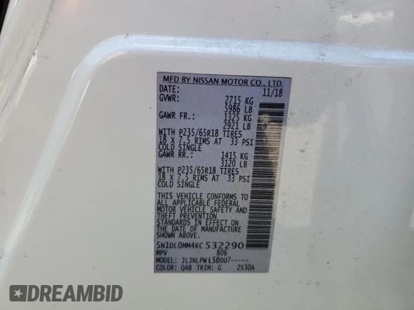 ✅ 2019 Infiniti QX60 Pure • VIN: 5N1DL0MM4KC532290 • Lot: 69802275. Listed on Copart with 88,691 mi. Free auction sales archive from the USA and detailed vehicle history report at DreamBid. Image 13.