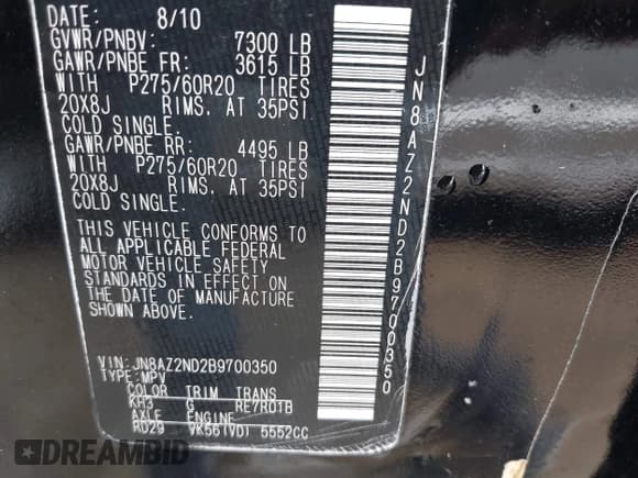 ✅ 2011 Infiniti QX56 8-passenger • VIN: JN8AZ2ND2B9700350 • Lot: 42189951. Listed on IAAI with 135,424 mi. Free auction sales archive from the USA and detailed vehicle history report at DreamBid. Image 9.