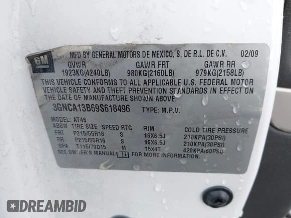 ✅ 2009 Chevrolet HHR LS • VIN: 3GNCA13B69S618496 • Lot: 41952230. Listed on IAAI with 111,945 mi. Free auction sales archive from the USA and detailed vehicle history report at DreamBid. Image 9.