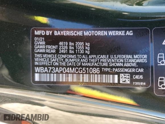 ✅ 2021 BMW 4 Series 430i xDrive • VIN: WBA73AP04MCG51086 • Lot: 48615345. Listed on Copart with 36,513 mi. Free auction sales archive from the USA and detailed vehicle history report at DreamBid. Image 14.