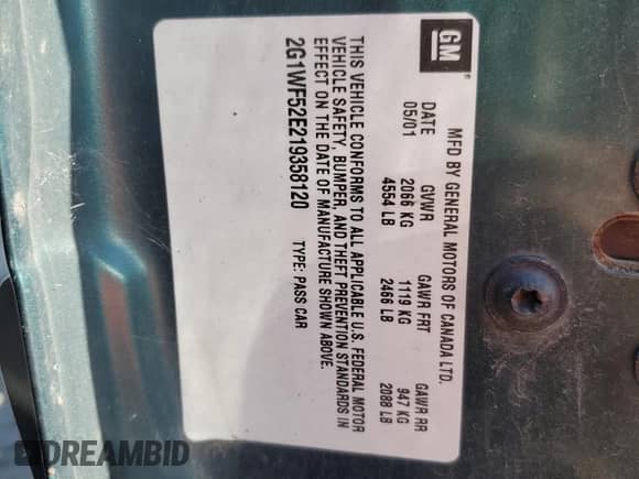 2001 Chevrolet Impala z VIN 2G1WF52E219358120, wystawiony jako Copart lot #69834064 z przebiegiem 151 769 mil mil oraz Szkoda całkowita • Salvage title. Historia ofert i sprzedaży dostępna na DreamBid. Obrazek 12.