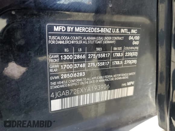 ✅ 2000 Mercedes-Benz M 320/430/500 • VIN: 4JGAB72EXYA193906 • Lot: 62025125. Wystawiony na Copart z przebiegiem 142 808 mil. Bezpłatny archiwum sprzedaży aukcyjnych z USA i szczegółowy raport historii pojazdu na DreamBid. Zdjęcie 13.