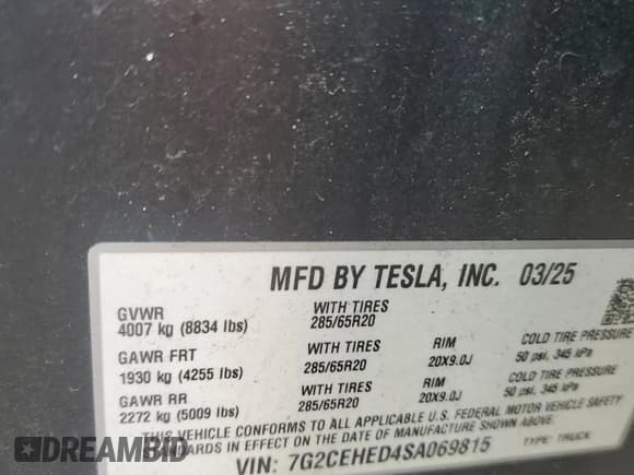 ✅ 2025 Tesla Cybertruck • VIN: 7G2CEHED4SA069815 • Lot: 85334945. Wystawiony na Copart z przebiegiem 9 097 mil. Bezpłatny archiwum sprzedaży aukcyjnych z USA i szczegółowy raport historii pojazdu na DreamBid. Zdjęcie 12.