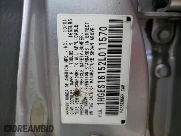 ✅ 2002 Honda Civic • VIN: 1HGES16152L011570 • Lot: 82098904. Listed on Copart with 226,050 mi. Free auction sales archive from the USA and detailed vehicle history report at DreamBid. Image 12.