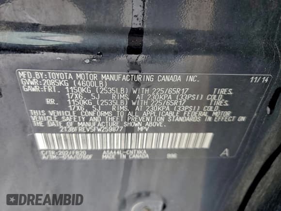 ✅ 2015 Toyota RAV4 LE • VIN: 2T3BFREV5FW259877 • Lot: 94552515. Listed on Copart with 233,729 mi. Free auction sales archive from the USA and detailed vehicle history report at DreamBid. Image 13.