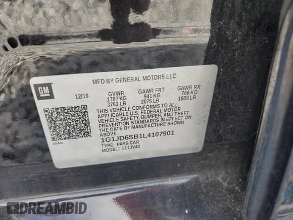 2020 Chevrolet Sonic LT с VIN 1G1JD6SB1L4107901, выставлен на аукционе Copart как лот 85551785 с пробегом 79 796 миль миль и Списание • Salvage title. История ставок и продаж доступна на DreamBid. Изображение 12.