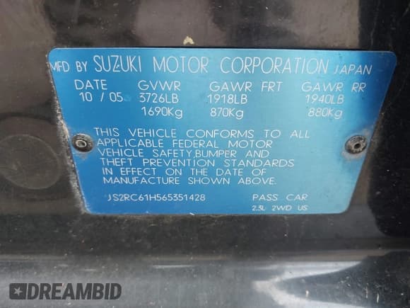 ✅ 2006 Suzuki Aerio SX • VIN: JS2RC61H565351428 • Лот: 41953836. Опубликован ранее на IAAI с пробегом 161 266 миль. Бесплатный доступ к архиву аукционных продаж из США и подробный отчёт об истории автомобиля на DreamBid. Изображение 9.