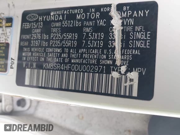 ✅ 2013 Hyundai Santa Fe Limited • VIN: KM8SR4HF0DU002971 • Lot: 43569007. Listed on IAAI with 119,350 mi. Free auction sales archive from the USA and detailed vehicle history report at DreamBid. Image 9.