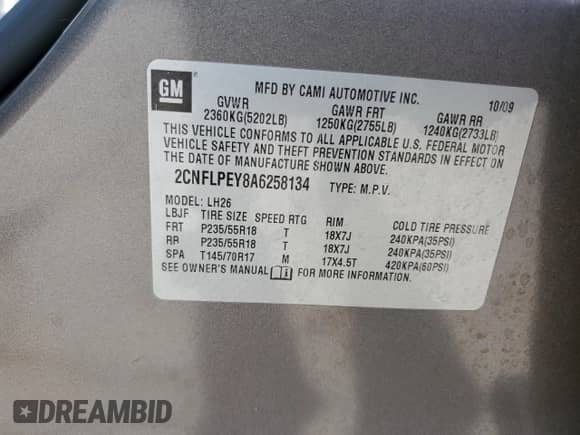 2010 Chevrolet Equinox 2LT z VIN 2CNFLPEY8A6258134, wystawiony jako Copart lot #87056475 z przebiegiem 117 367 mil mil oraz Szkoda całkowita • Salvage title. Historia ofert i sprzedaży dostępna na DreamBid. Obrazek 12.