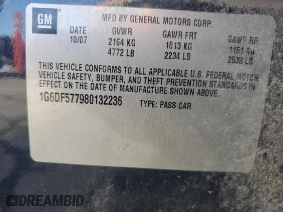 ✅ 2008 Cadillac CTS RWD • VIN: 1G6DF577980132236 • Lot: 58308355. Listed on Copart with 261,530 mi. Free auction sales archive from the USA and detailed vehicle history report at DreamBid. Image 12.