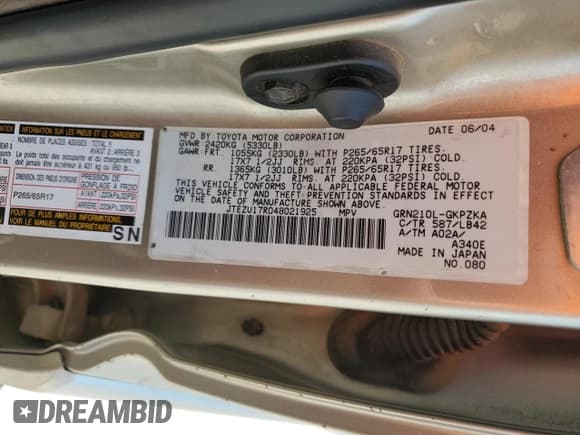 ✅ 2004 Toyota 4Runner Limited • VIN: JTEZU17R048021925 • Lot: 67806815. Listed on Copart with 292,350 mi. Free auction sales archive from the USA and detailed vehicle history report at DreamBid. Image 14.