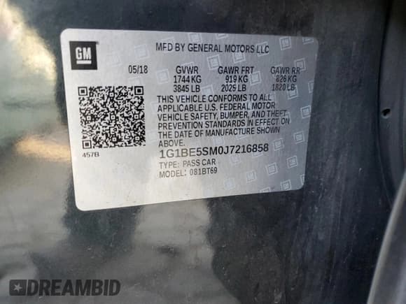 ✅ 2018 Chevrolet Cruze LT • VIN: 1G1BE5SM0J7216858 • Lot: 72445972. Wystawiony na Copart z przebiegiem Nie podano. Bezpłatny archiwum sprzedaży aukcyjnych z USA i szczegółowy raport historii pojazdu na DreamBid. Zdjęcie 12.